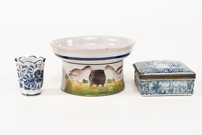 Lot of 3 Assorted French Faience Vessels. 1 toothpick holder painted white with blue flower 