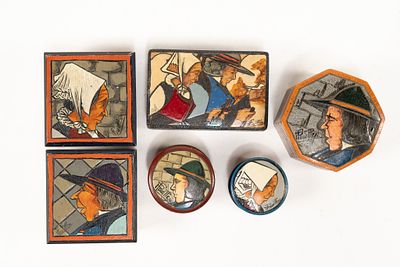 Lot of 6 Assorted French Fouillen Quimper Woodenware Small Boxes. 2 square boxes with hinges 