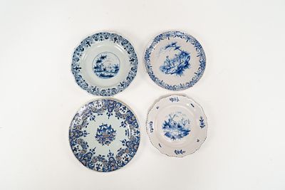 Lot of 4 Assorted French Faience Plates. 1 plate with a coat of arms in the center painted in 
