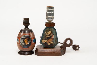 Pair of French Fouillen Quimper Woodenware Lamp Bases. 1 geometric lamp base with wire and plug 