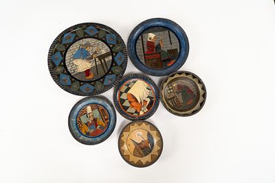 Lot of 6 Assorted French Fouillen Quimper Woodenware Dishes. 1 large plate depicting a man 