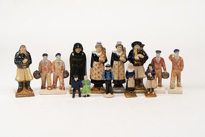 Lot of 12 Assorted French Faience Quimper Figures. 2 woman holding wheat figures signed HB 