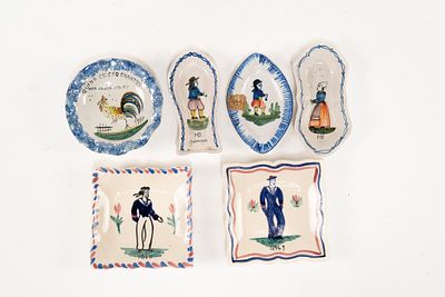 Lot of 6 Assorted French Faience HB Quimper Small Dishes and Trays. 2 square dishes with 