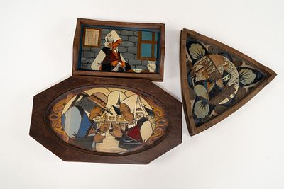 Lot of 3 Assorted French Fouillen Quimper Woodenware Trays with glass covers. All trays are 