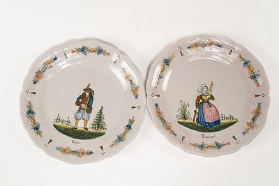 Pair of French Faience HB Quimper Breton and Flower Plates. Pair of French Faience HB Quimper 