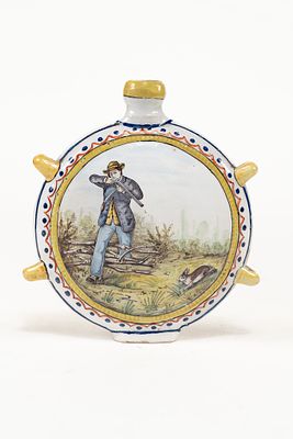 French Faience HB Quimper Hunting Scene Flask. One side of flask depicts a man aiming a shotgun 