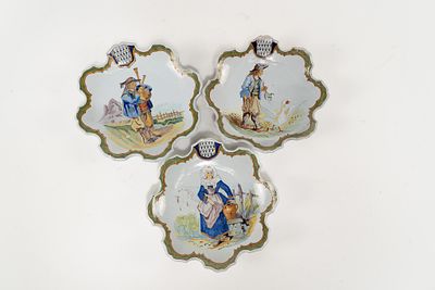 Lot of 3 French Faience Porquier Beau Quimper Fluted Plates. 1 plate depicts a Breton man 