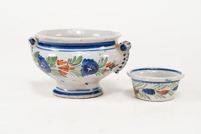 Pair of French Faience HB Quimper Containers of two different sizes. 1 soup tureen bowl painted 