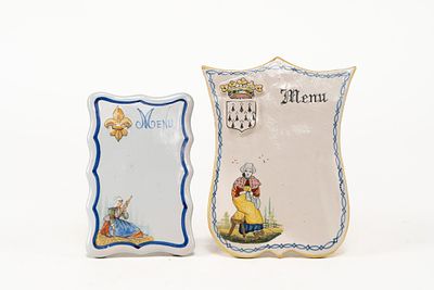 Pair of French Faience Quimper Menu Boards. 1 Porquier Beau menu with molded and painted fleur 