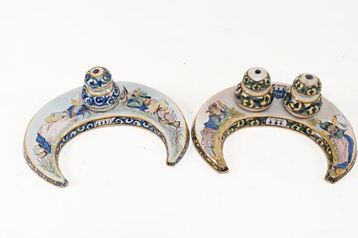 Pair of French Faience Porquier Beau Quimper Inkwells. 1 single pot inkwell depicting a Breton 