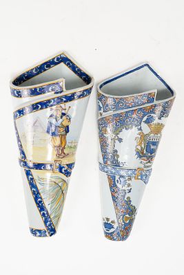 Pair of French Faience Porquier Beau Large Wall Vases. 1 wall vase with Breton man design 