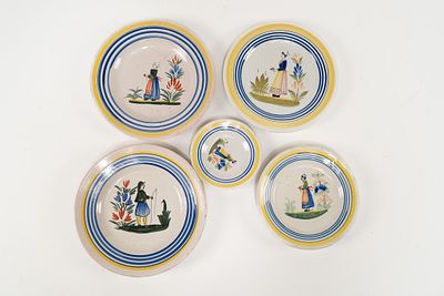 Lot of 5 French Faience Henriot Quimper Plates of Assorted Sizes. 1 plate depicts a Breton man 