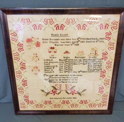 Antique Needlepoint Family Record 1855 New York. Handmade antique needlepoint family record by 