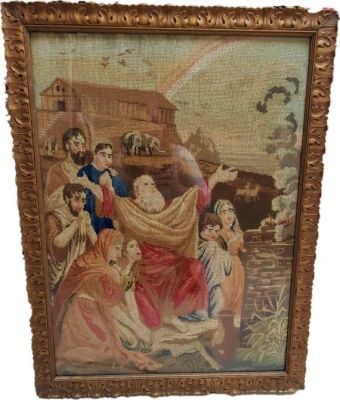 Antique Framed Needlework Noah's Ark. Antique framed needlework with Noah and his family praying 