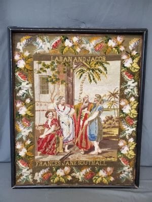 Antique Biblical Pictorial Needlework. Antique 19th century hand embroidered pictorial 