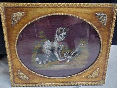 Antique Needle and Bead Work Cat & Kitten. Antique 19th century hand executed needle and bead 