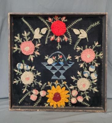 Antique Crewel and Plush Work Embroidered Picture. Antique crewel embroidered and plush work 