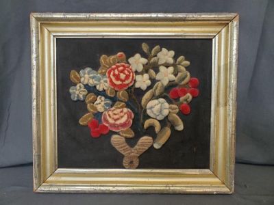 Antique Plush Work Embroidered Picture. Antique plush work embroidered picture on black silk 
