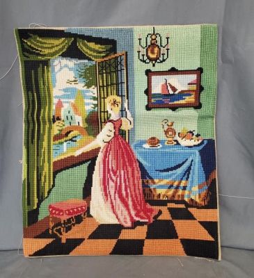 Antique Pictorial Needlework of a Lady. Antique mounted, but unframed pictorial needlework of a 