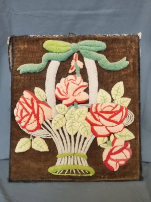 Antique Stump/Plush Work Picture of Basket of Flowers. Antique stump work or plush work 