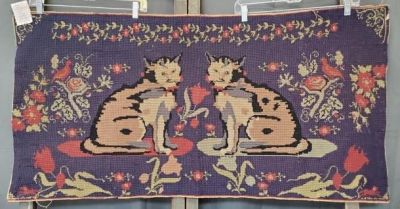 Large Victorian Needlepoint with Cats. Large unmounted, antique Victorian needlepoint measuring 