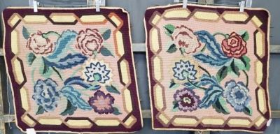 2 Needlepoint Floral Seat Facings. Two antiques needlepoint seat facings with purple ground and 