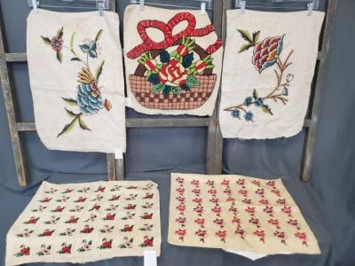 Group of 5 Crewel & Needlepoint Pillowcases. Includes a pair of crewel embroidered flowers on 