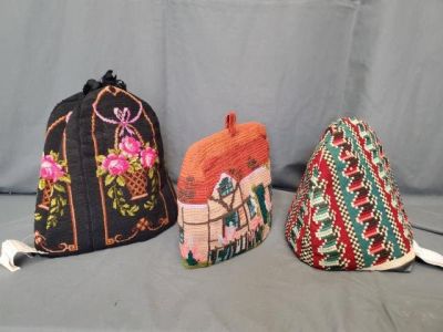 3 Antique Needlepoint Tea Cozies. Includes traditional shaped tea cozy with ribbon needlepoint 