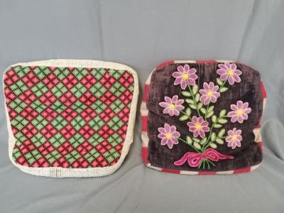 2 Antique Needlework Seat Cushions. Includes a red and green plaid motif measuring 14.5 x 13 x 3 