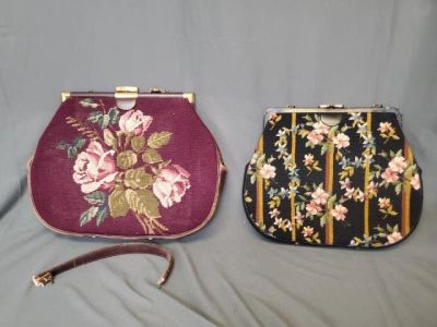 2 Vintage Needlepoint Purses. Includes a claret with pink roses measures 17 x 13 inches, with 