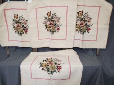 Set of 4 Vintage Needlepoint Seat Cover Facings. A set of four needlepoint with a petit point 