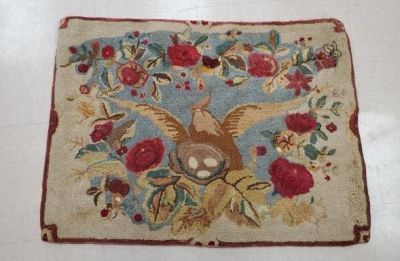 Antique c1920s Hooked Rug with Bird and Nest of Eggs. Antique c1920s hooked rug with a blue jay 