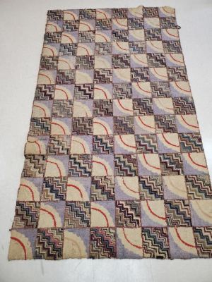 Vintage Fold Art Hooked Rug with Arcs. Vintage folk art hooked rug with alternating squares of 