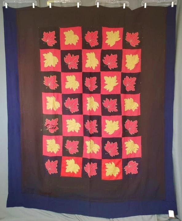 Lot 212: Vintage Red Wool Leaf Applique Comfort Quilt