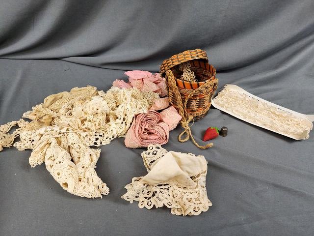 Lot 267: Antique Basket with Tatting and Lace