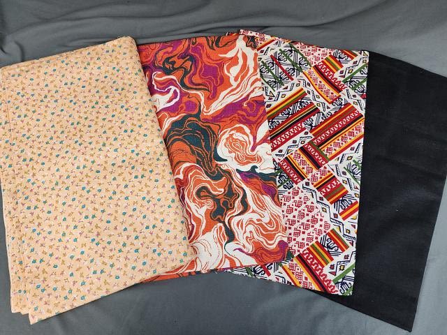 Lot 287: 4 Vintage Fabrics Black, Red, Orange Yardage