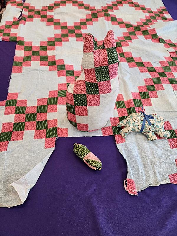 Lot 214: Antique Quilt Top Fragment with Craft Items
