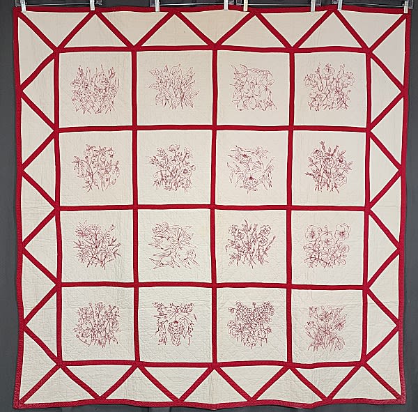 Lot 24: Vintage c1930 Botanical Redwork Quilt