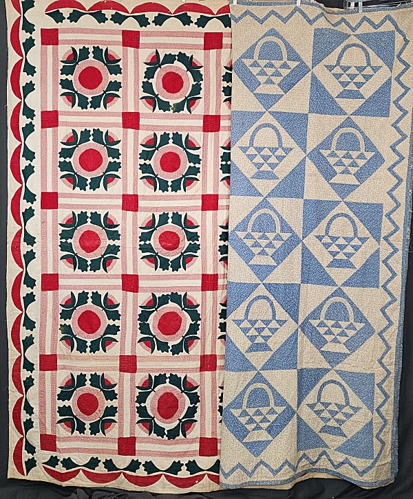 Lot 185: 2 Vintage Quilts - Baskets, Roses - As is