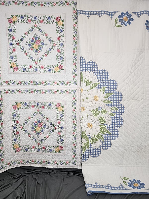 Lot 190: 2 Late 20th C Hand Embroidered Kit Quilts