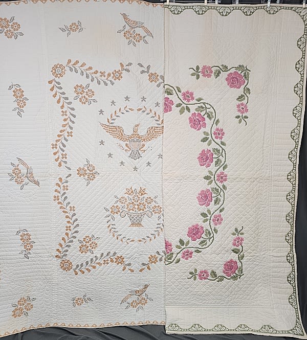 Lot 191: 2 c1970 Embroidered Kit Quilts - Eagle, Roses