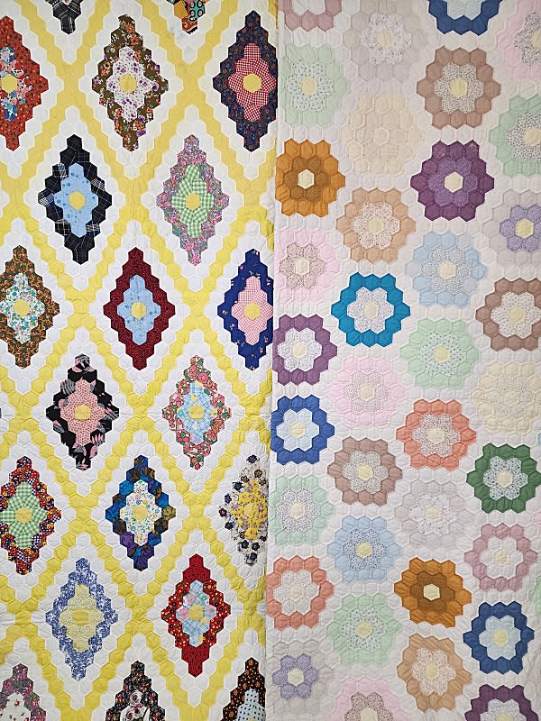 Lot 197: 2 Vintage c1960 Grandmothers Flower Garden Quilts