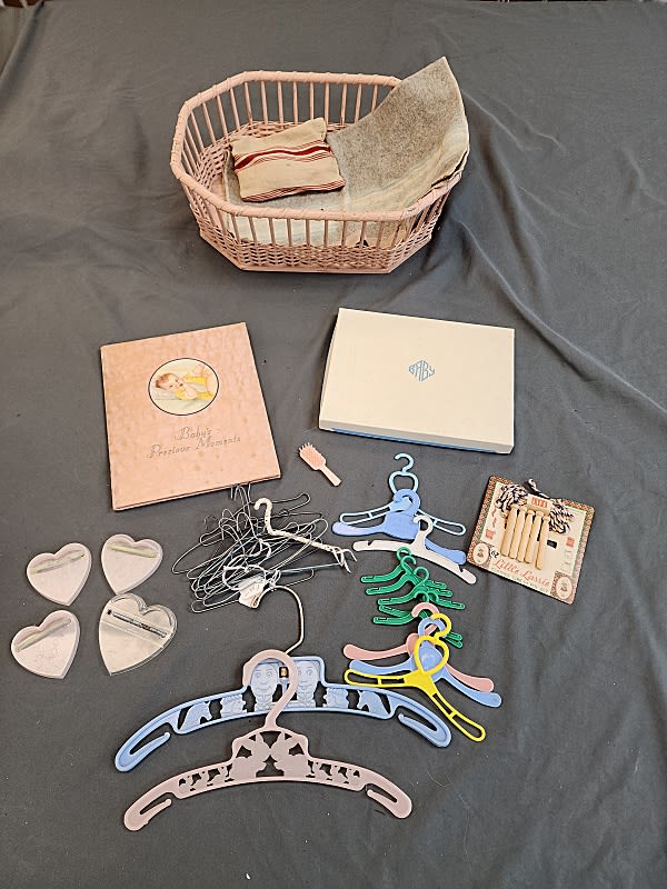 Lot 154: Doll Basket, Blanket, Books, Hangers, more