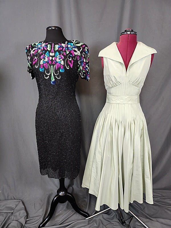 Lot 181: 2 Cocktail Dresses - Black Sequin/Beaded Silk & Green Taffeta