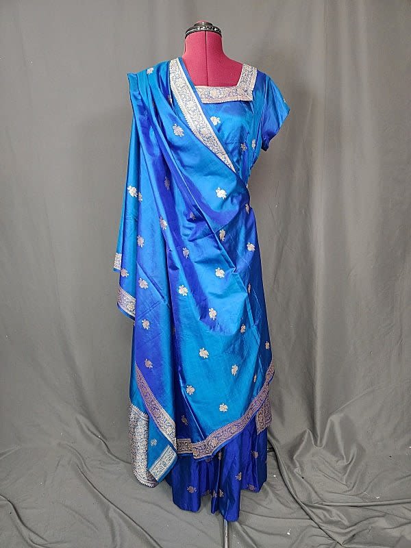 Lot 187: Indian Blue Silk Brocade Dress with Saree Scarf