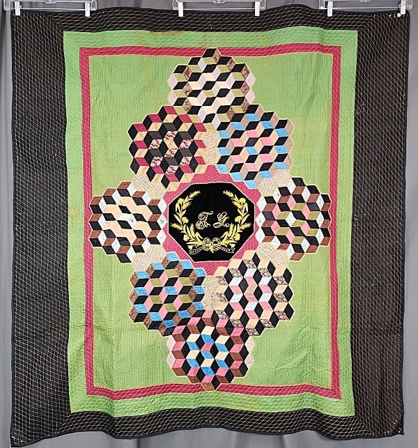 Lot 151: Antique 19thC Silk Tumbling Blocks Quilt