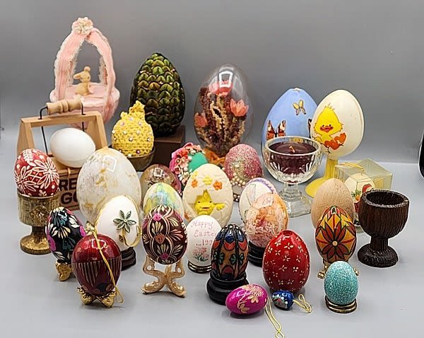 Lot 185: Large Group of Misc Decorative Eggs and Stands