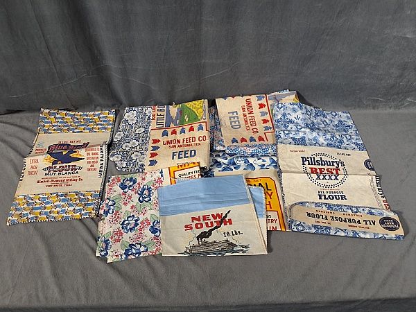 Lot 204: 7 Vintage Intact Labeled Feed/Flour sacks-Blues