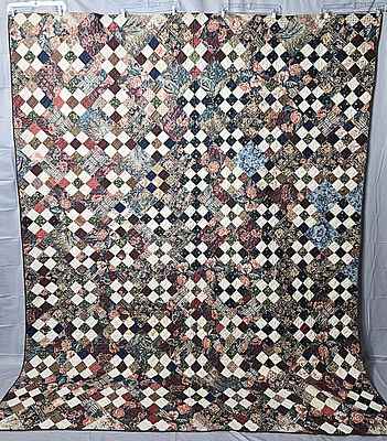 Antique c1830 Chintz 9 Patch Quilt measuring 84 by 103 inches. It is comprised of 90 9 patch 