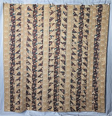 Antique c1840 Strippy Chintz Quilt measuring 78 by 82 inches. It is comprised of 4 inch bars: a 